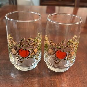 Vintage Dominion Glass Fall Harvest Pumpkin Set of 2 Kitchen Drinking Glasses